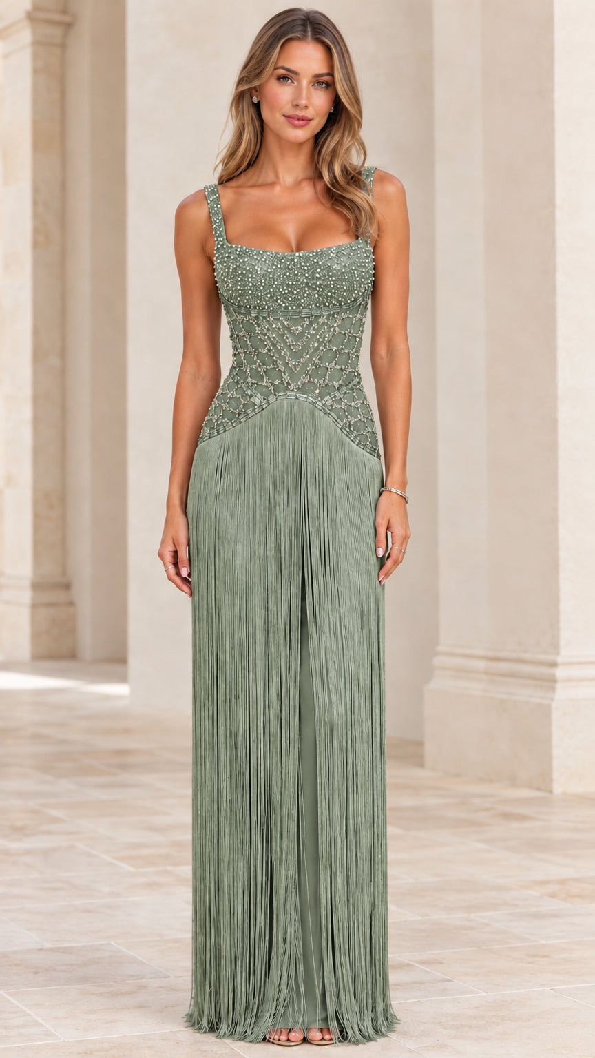 Front view of sage green beaded bodice fringe maxi evening gown