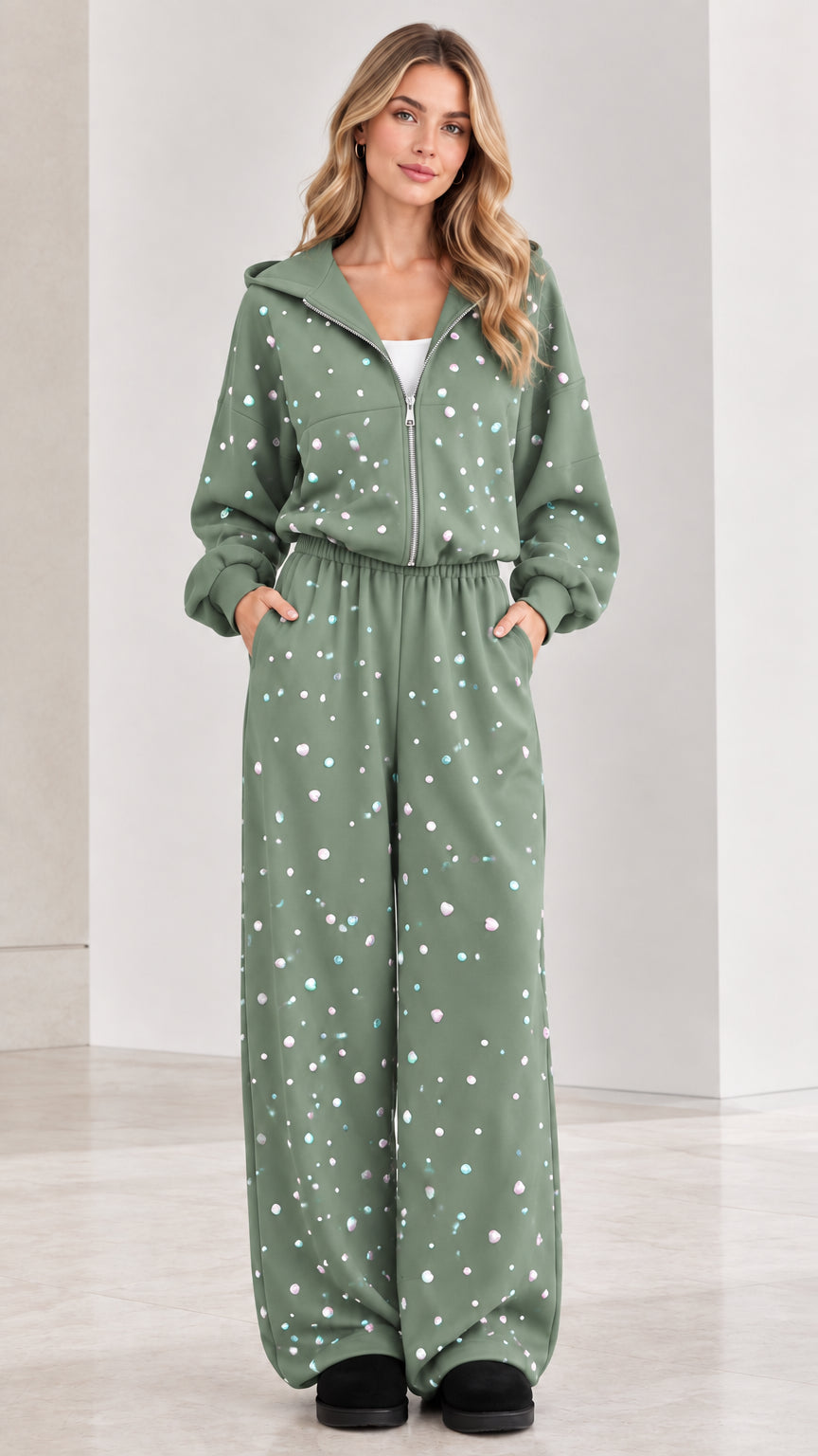 Front view of sage green rhinestone zip-up hooded wide leg jumpsuit