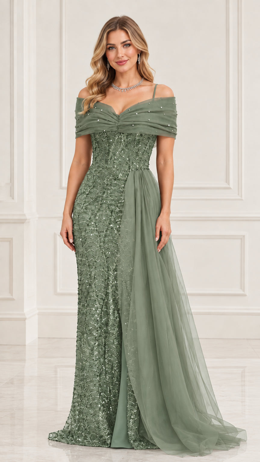 Model wearing sage green sequin evening dress with tulle drape
