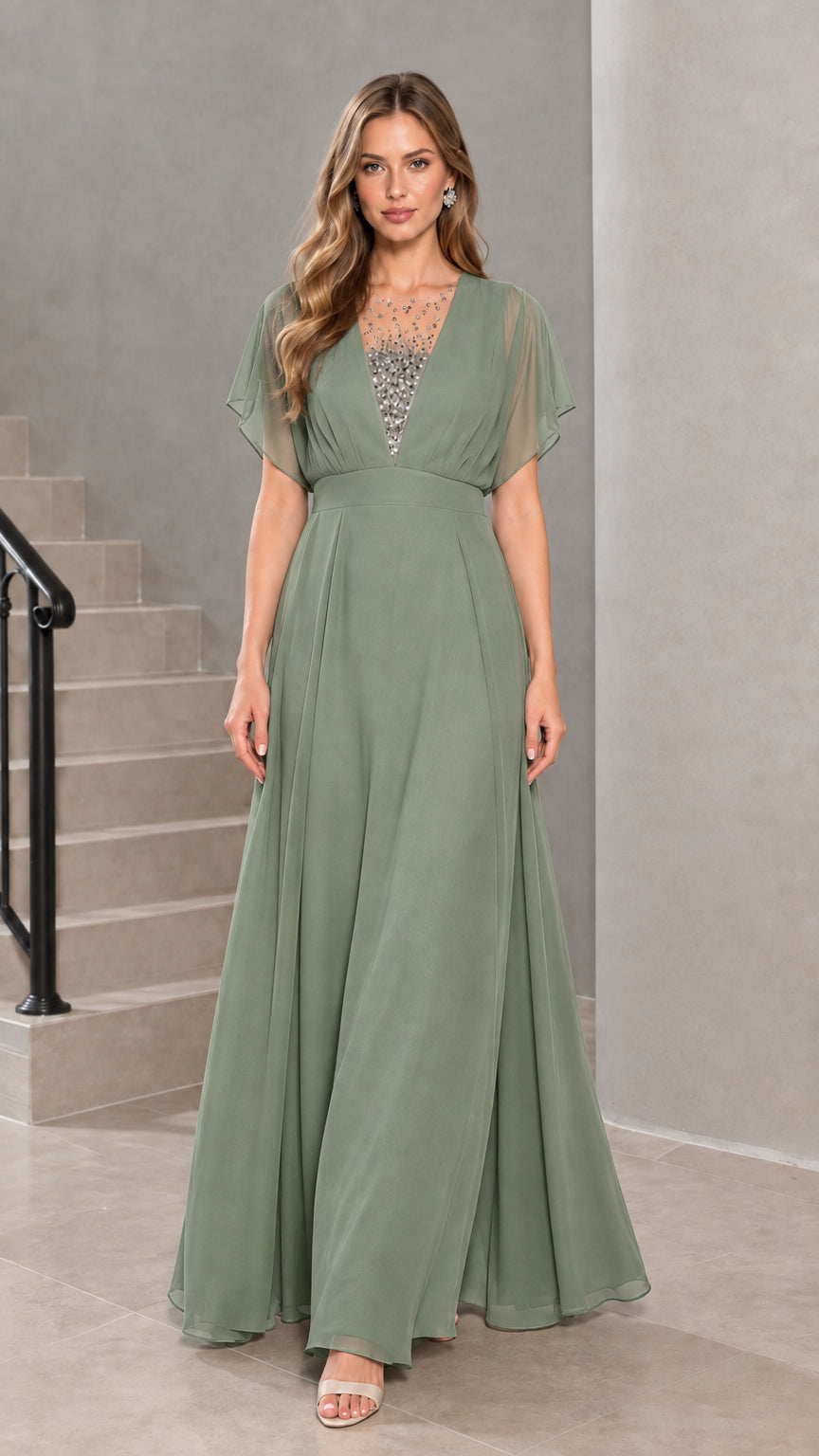 Front view of model wearing sage green flutter sleeve chiffon evening gown
