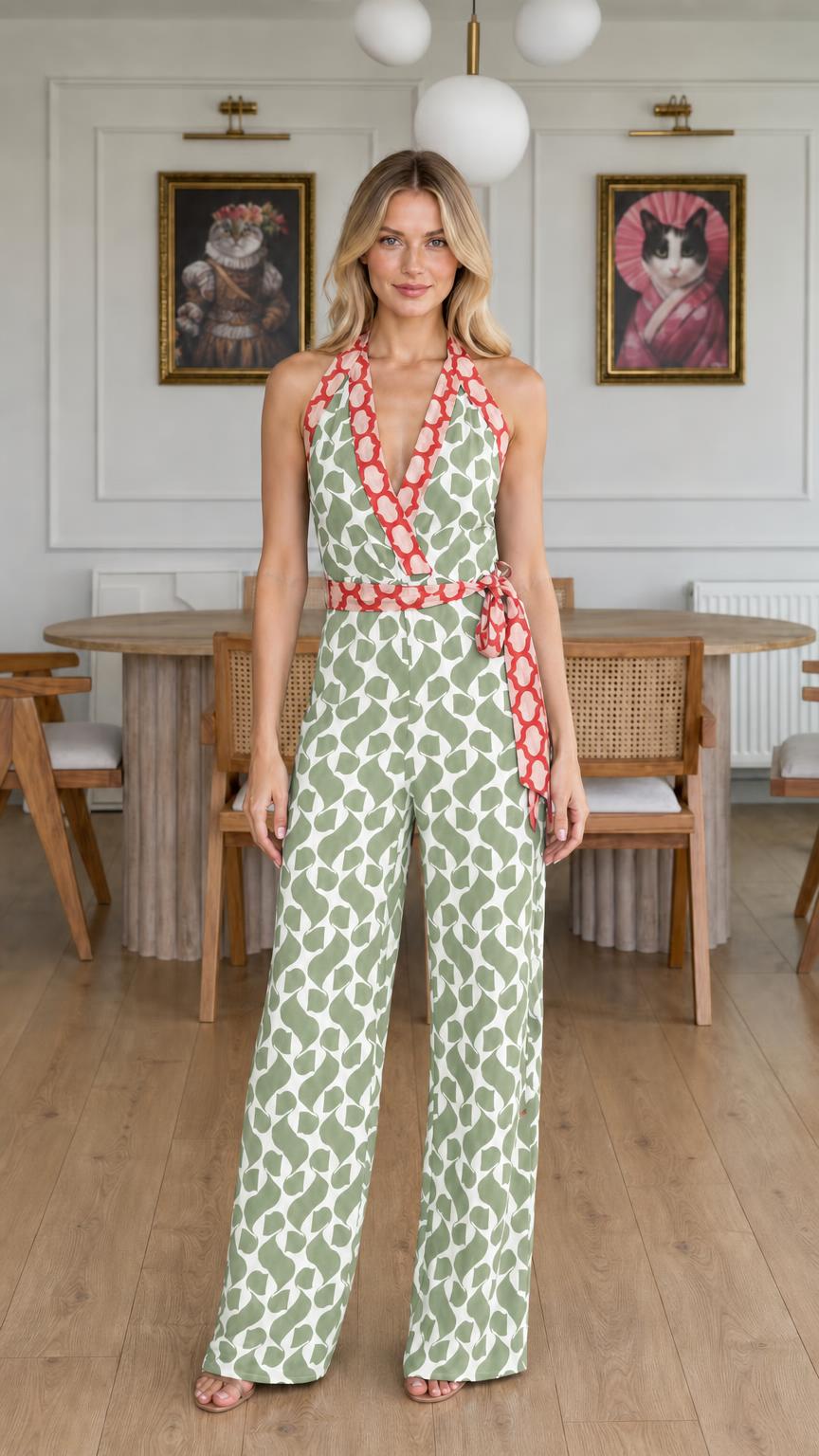 Front view of sage green color variant jumpsuit