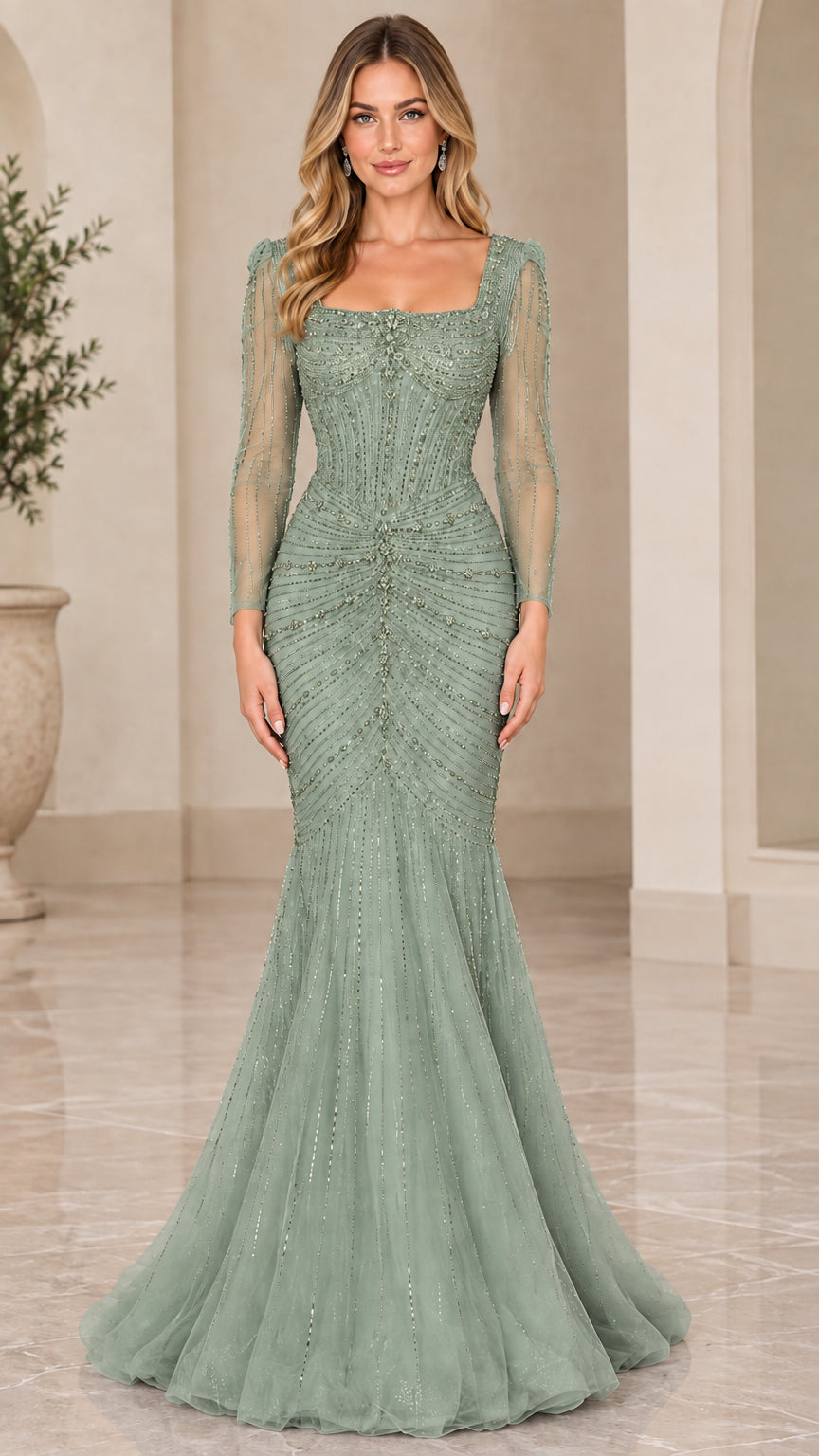 Sage green long sleeve beaded mermaid evening gown