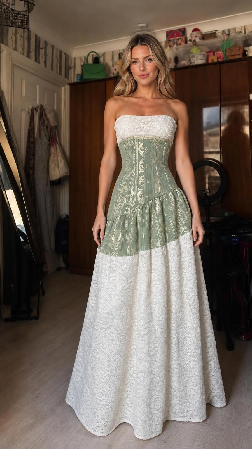 Front view of green strapless colorblock corset maxi dress
