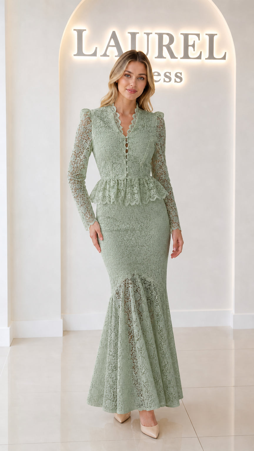 Front view of sage green floral lace peplum mermaid formal dress