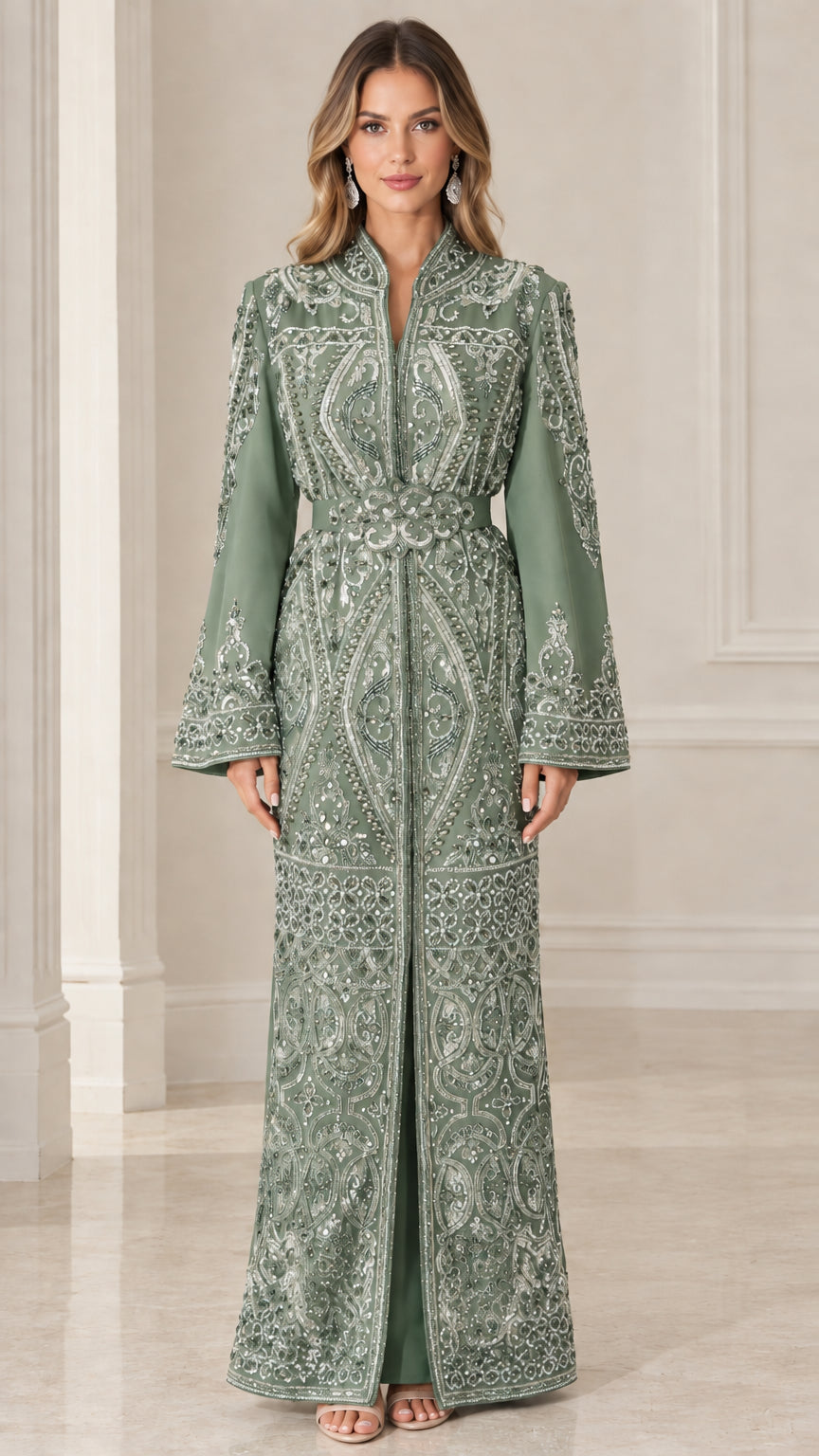 Front view of sage green beaded embroidered kaftan maxi dress