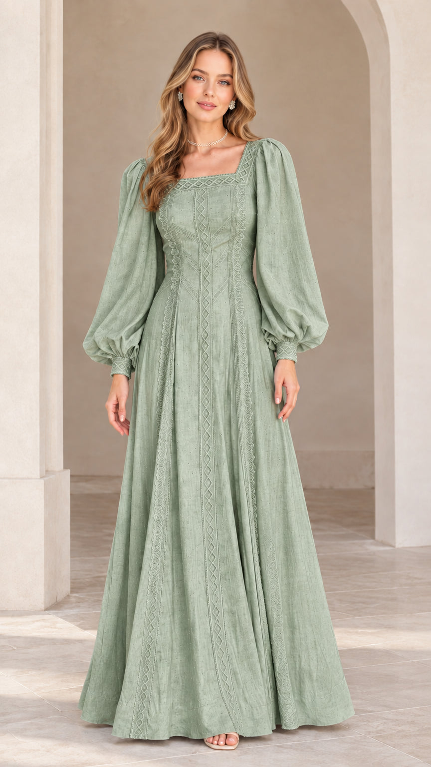 Front view of model wearing Sage Green square neck embroidered maxi dress