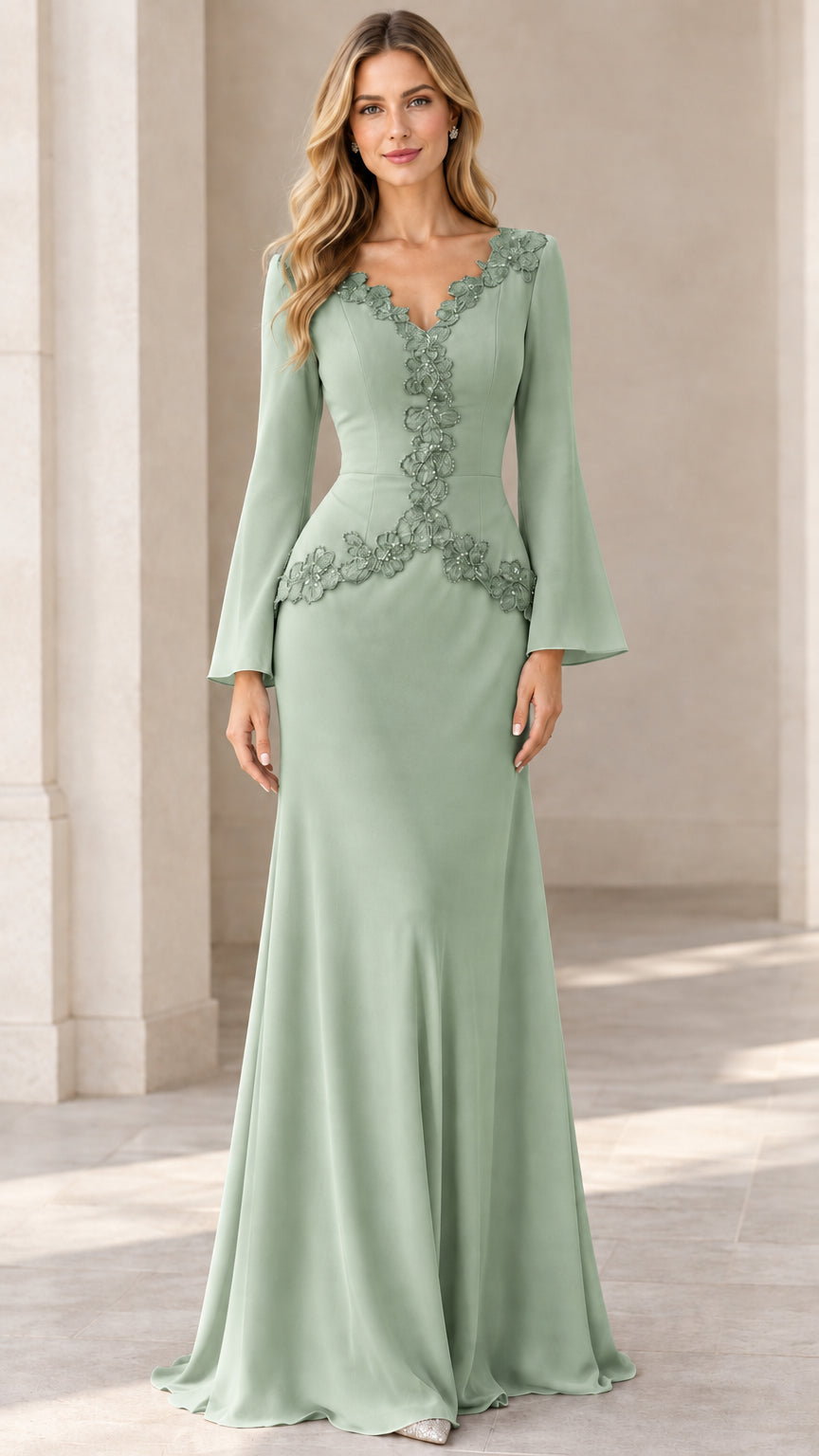 Sage green long bell sleeve floor-length evening gown with matching lace trim