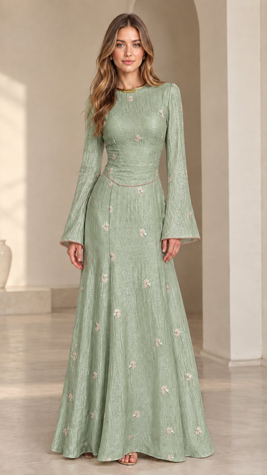 Front view of model wearing sage green floral jacquard bell sleeve maxi dress