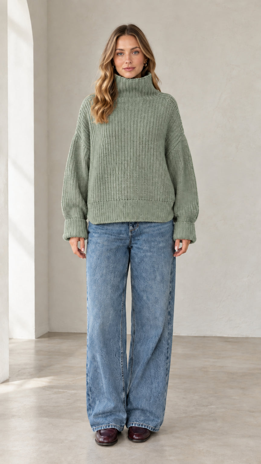 Model wearing sage green ribbed knit turtleneck sweater with denim jeans