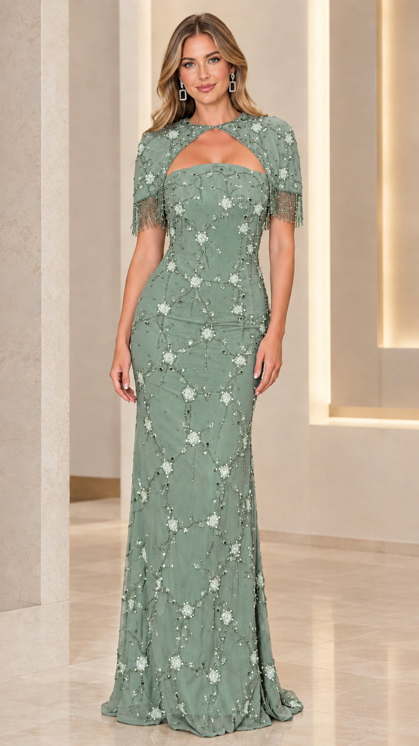 Sage green embellished evening gown with beaded fringe sleeves