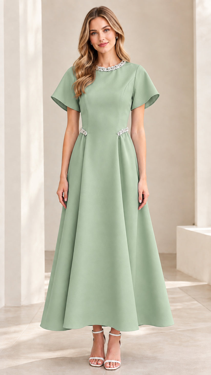 Model wearing Sage Green elegant A-line maxi dress with beaded trim