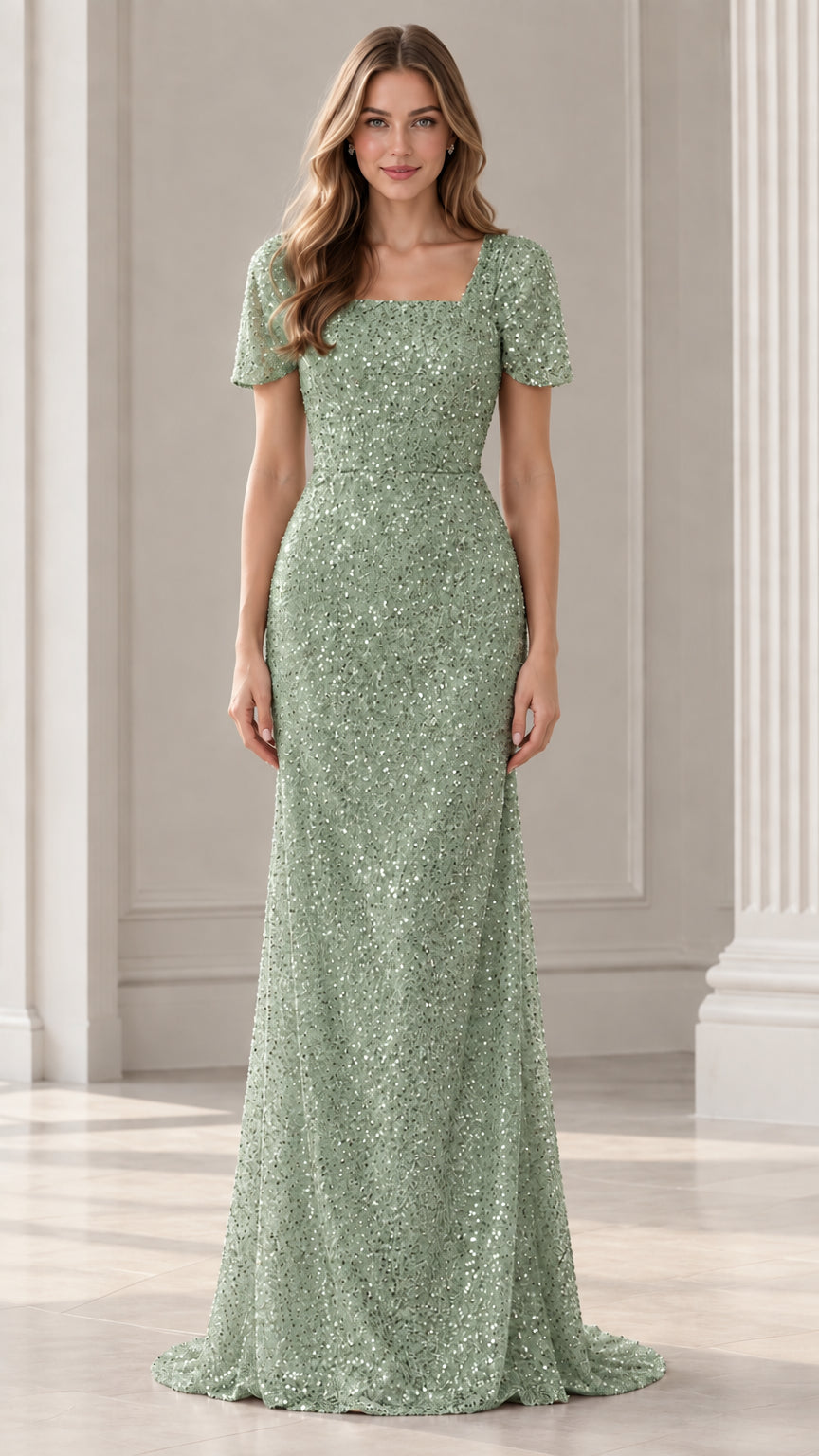 Front view of woman wearing Sage Green short sleeve sequin evening maxi gown