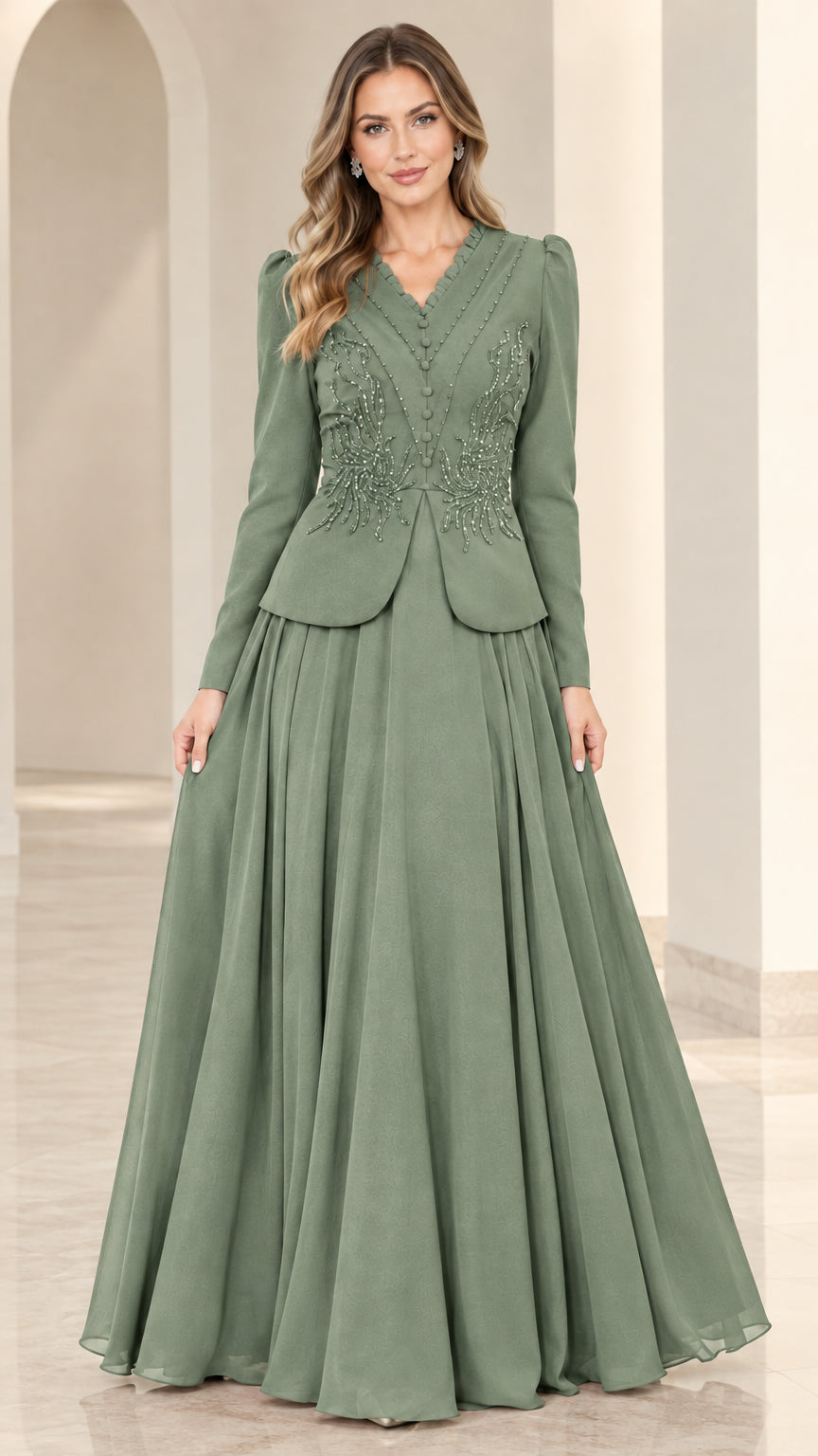 Sage green elegant long sleeve formal evening dress with beaded bodice