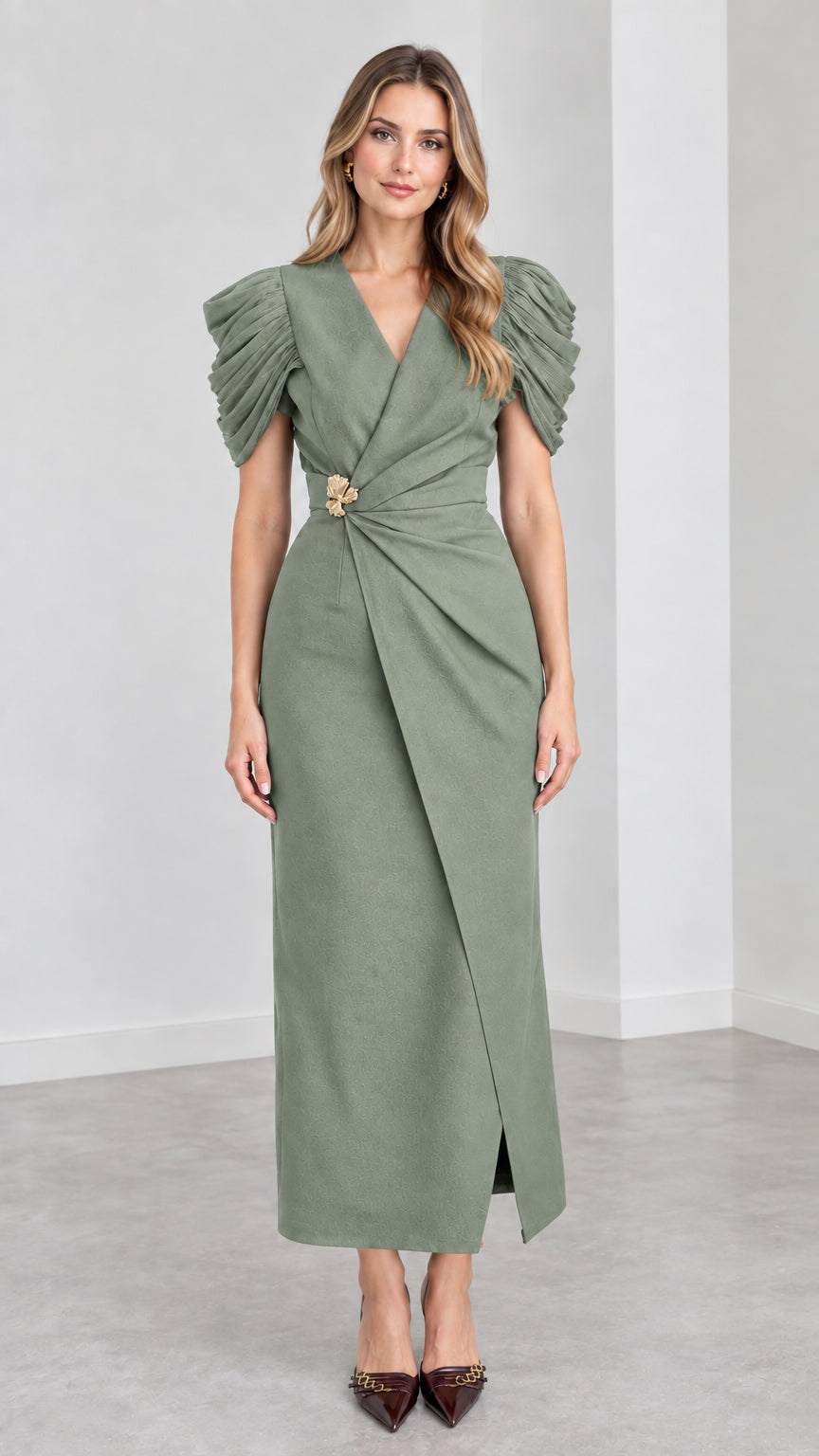 Front view of woman wearing Sage Green pleated sleeve draped maxi dress