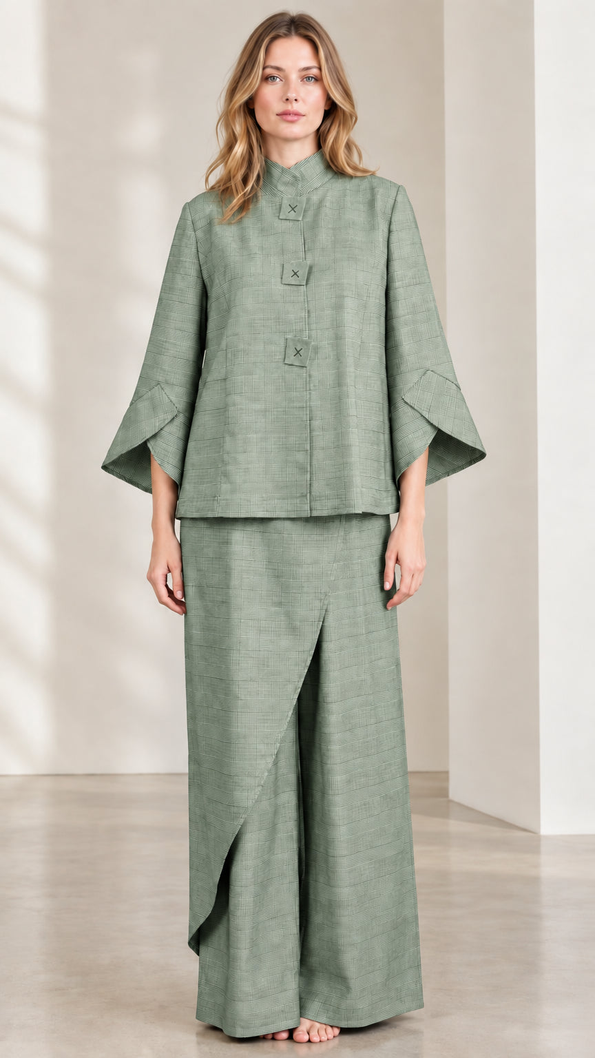 Sage Green Mandarin Collar Jacket and Asymmetric Wide-Leg Pants Set
