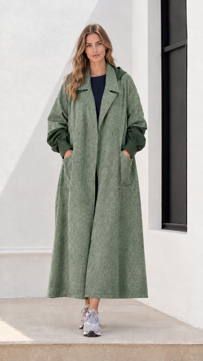 Full-length front view of woman wearing sage green hooded maxi trench coat