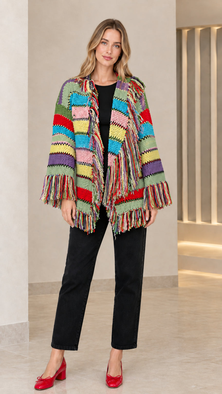 Model wearing sage green multicolor striped fringe knit cardigan