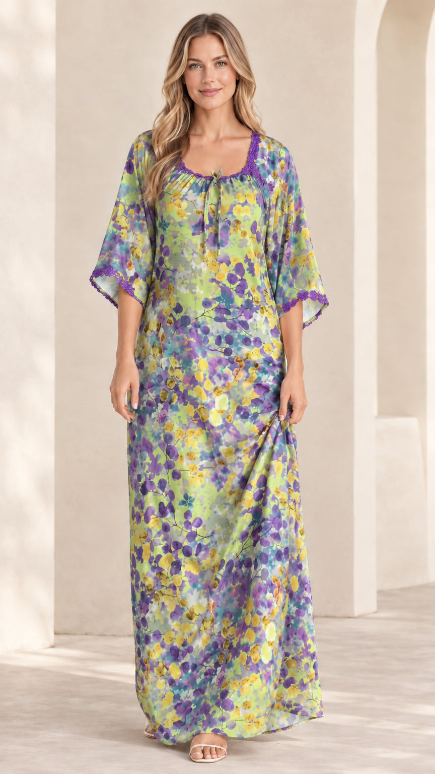 Front view of sage green floral kaftan maxi dress with lace trim