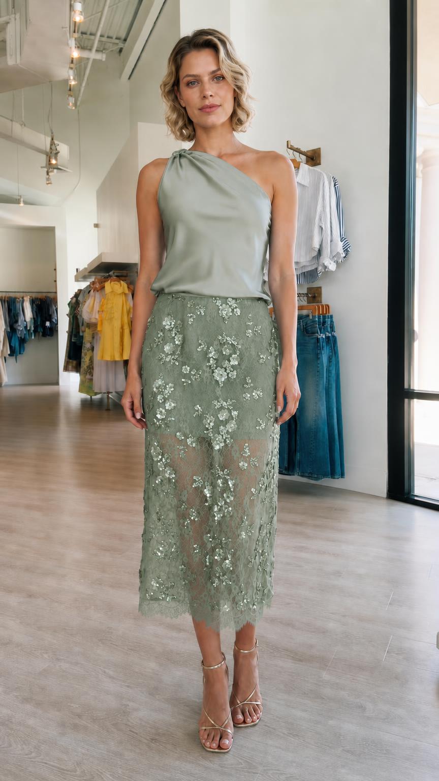 Model wearing sage green one-shoulder top and matching skirt