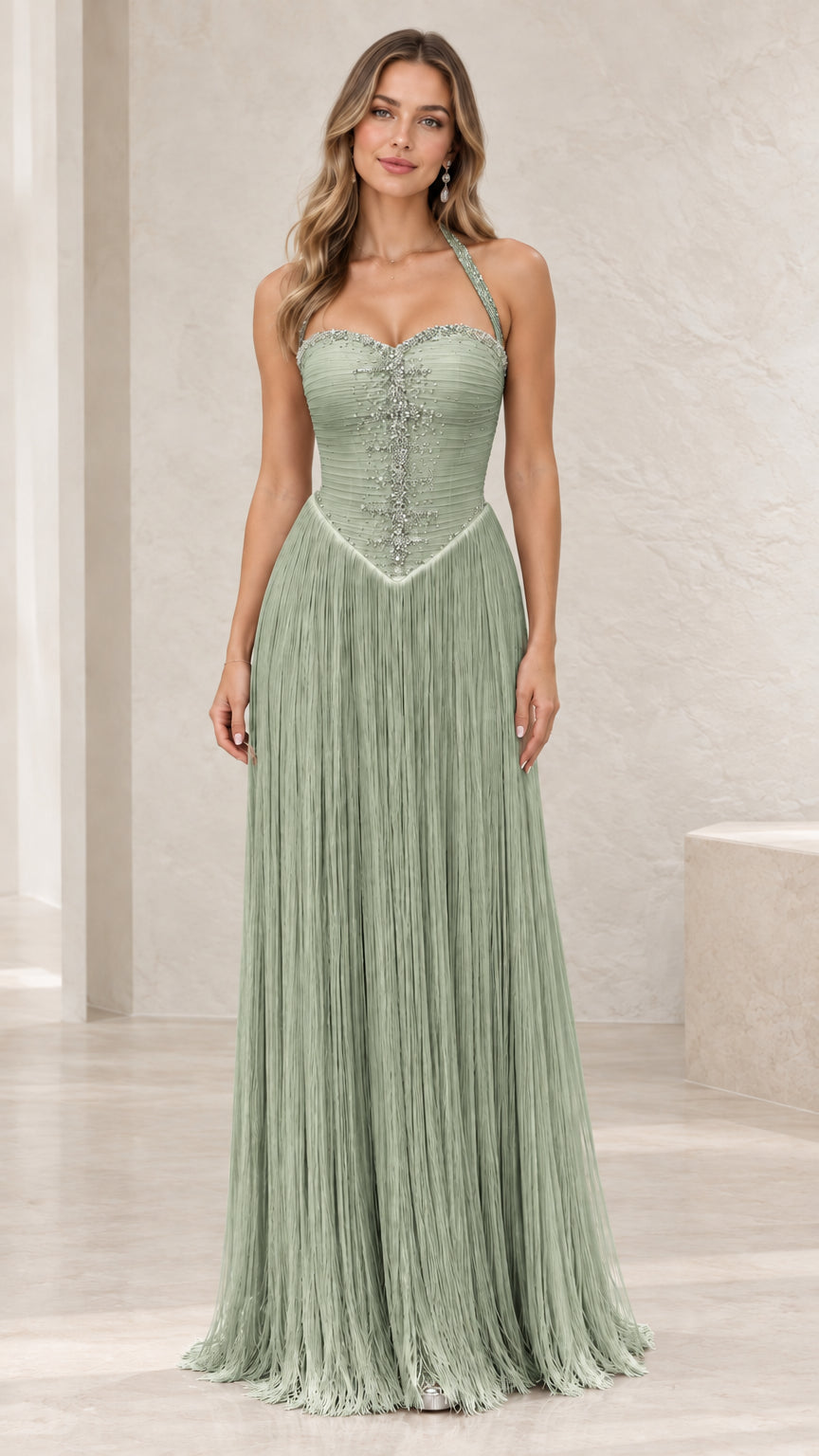 Full-length view of sage green rhinestone halter fringe formal dress
