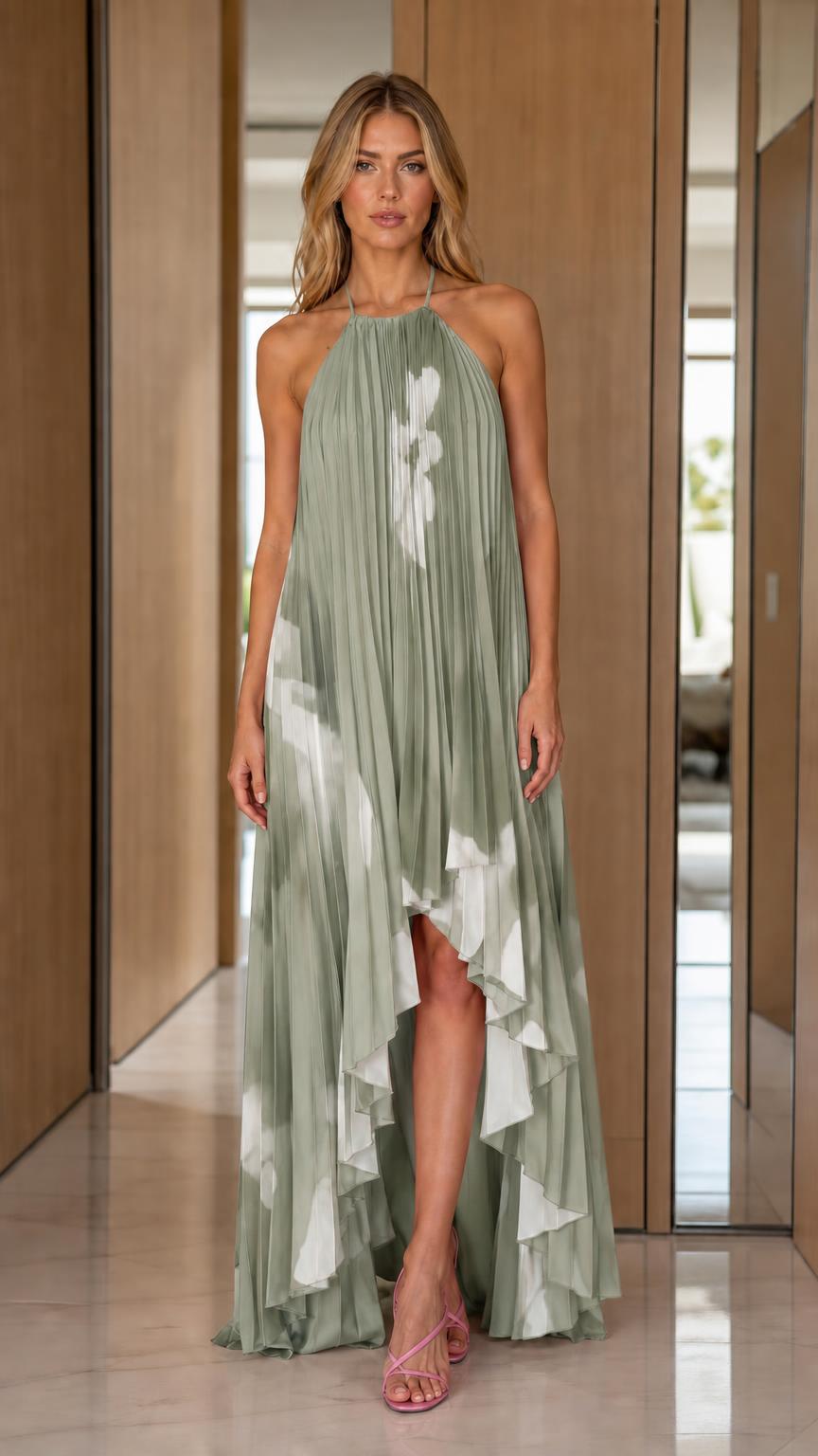 Front view of woman wearing sage green pleated halter maxi dress