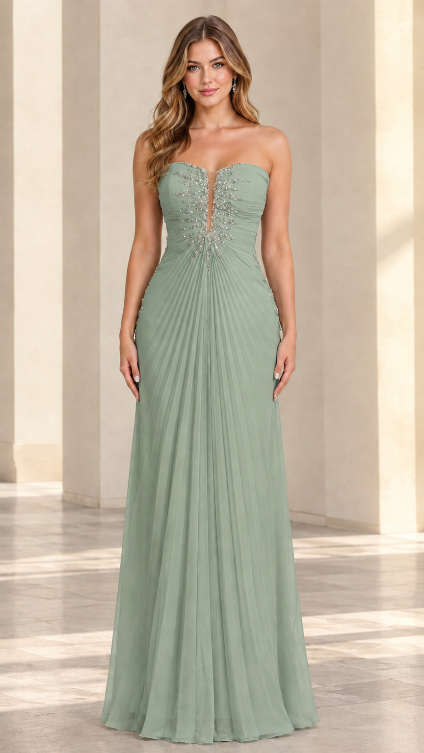 Front view of model wearing sage green strapless pleated chiffon evening gown