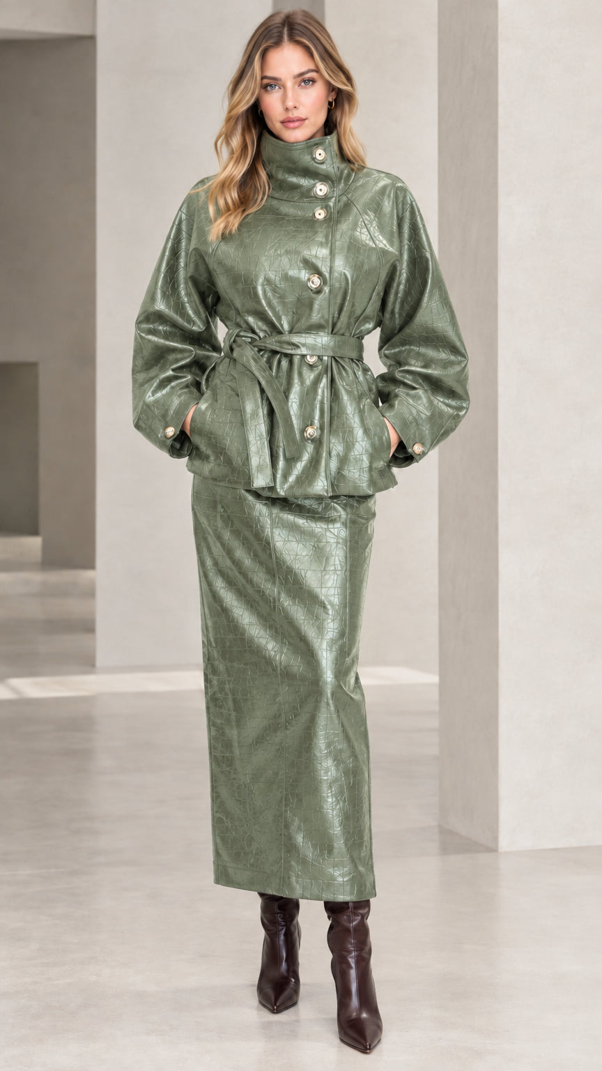 Woman wearing Sage Green croc-embossed faux leather belted jacket and matching maxi skirt set