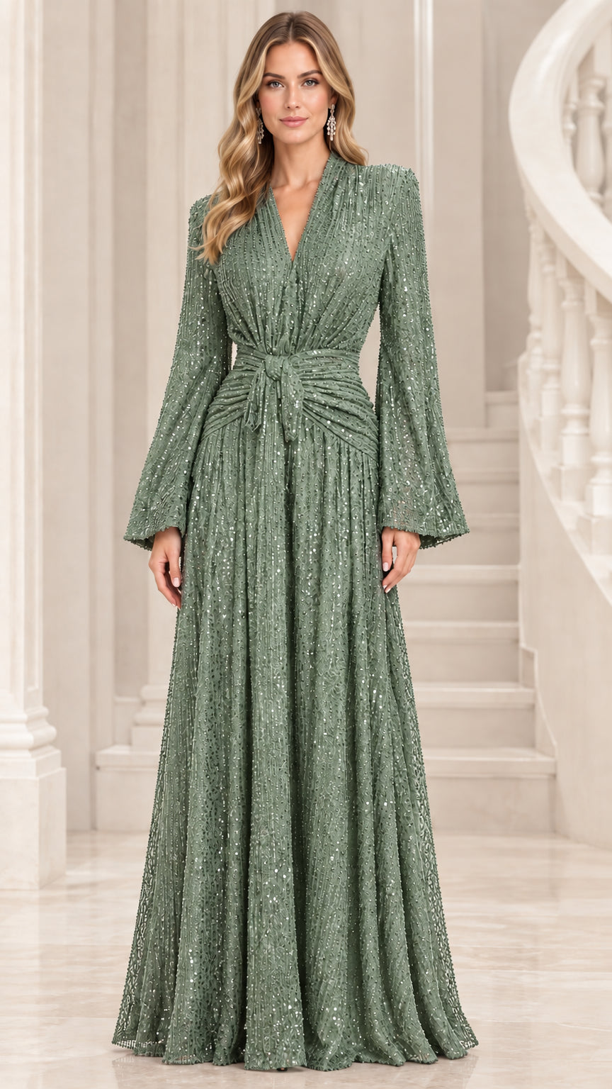 Sage green sequin long sleeve A-line formal evening gown