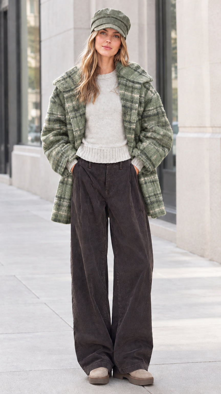 Front view of model wearing sage green plaid lapel coat
