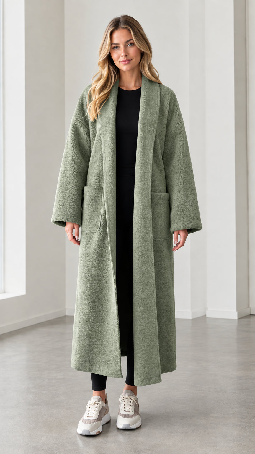 Model wearing sage green textured longline open front duster coat