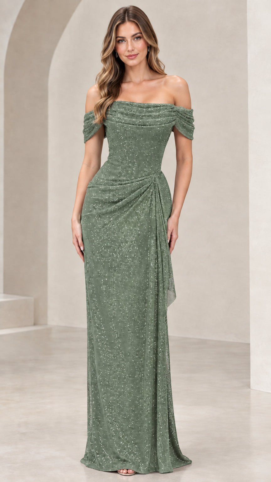 Front view of model wearing sage green shimmering formal dress