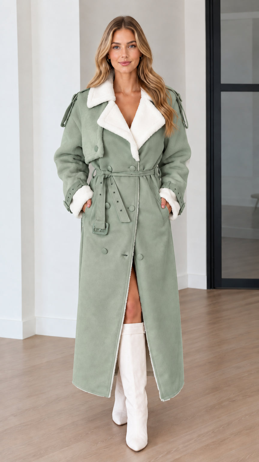 Model wearing a sage green faux shearling lined belted maxi trench coat