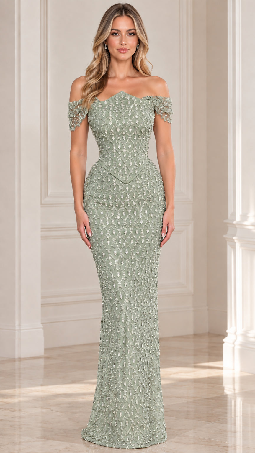 Front view of sage green embellished basque waist formal gown