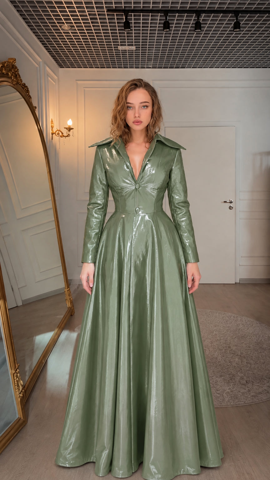 Model wearing sage green high-shine lapel collar maxi dress