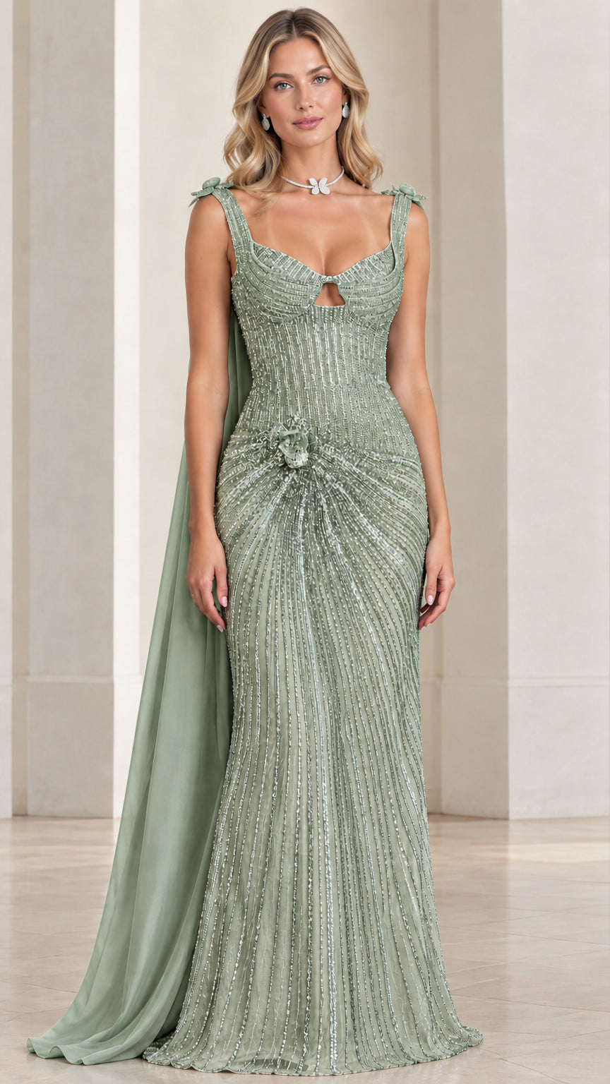 Model wearing sage green beaded maxi evening gown with cape train