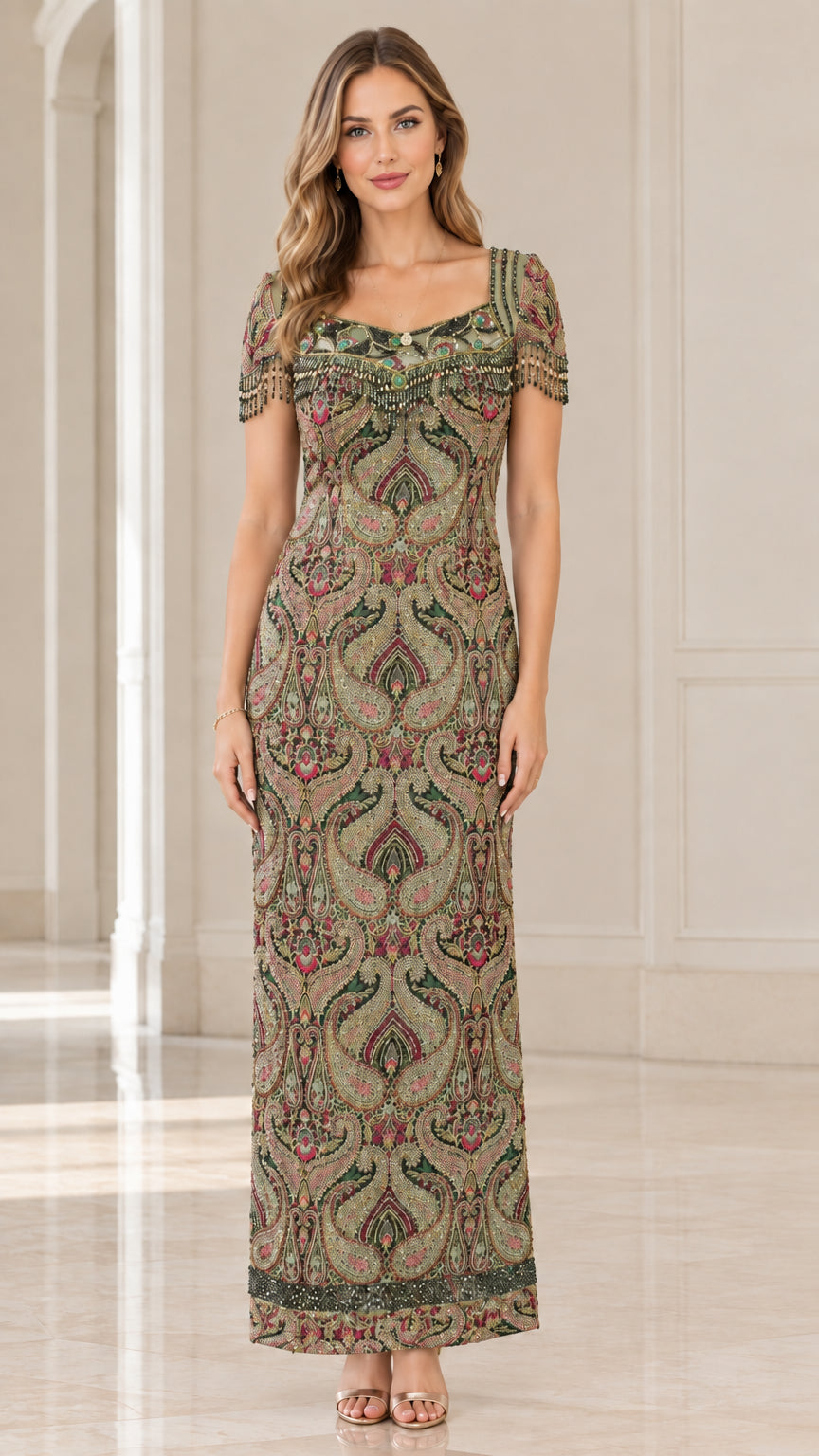 Sage green beaded paisley pattern formal column maxi dress