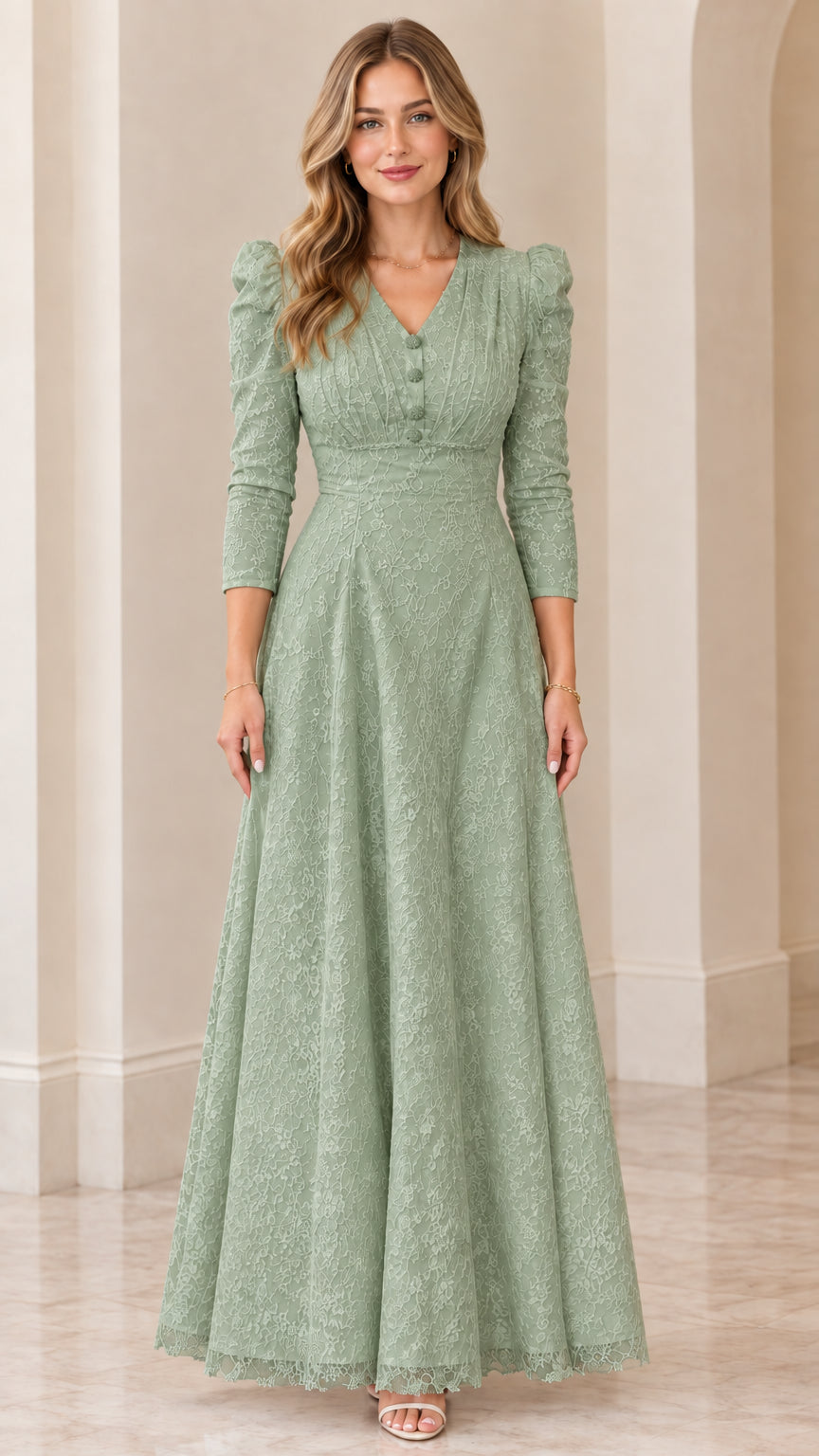 Full-length front view of woman wearing sage green lace maxi dress