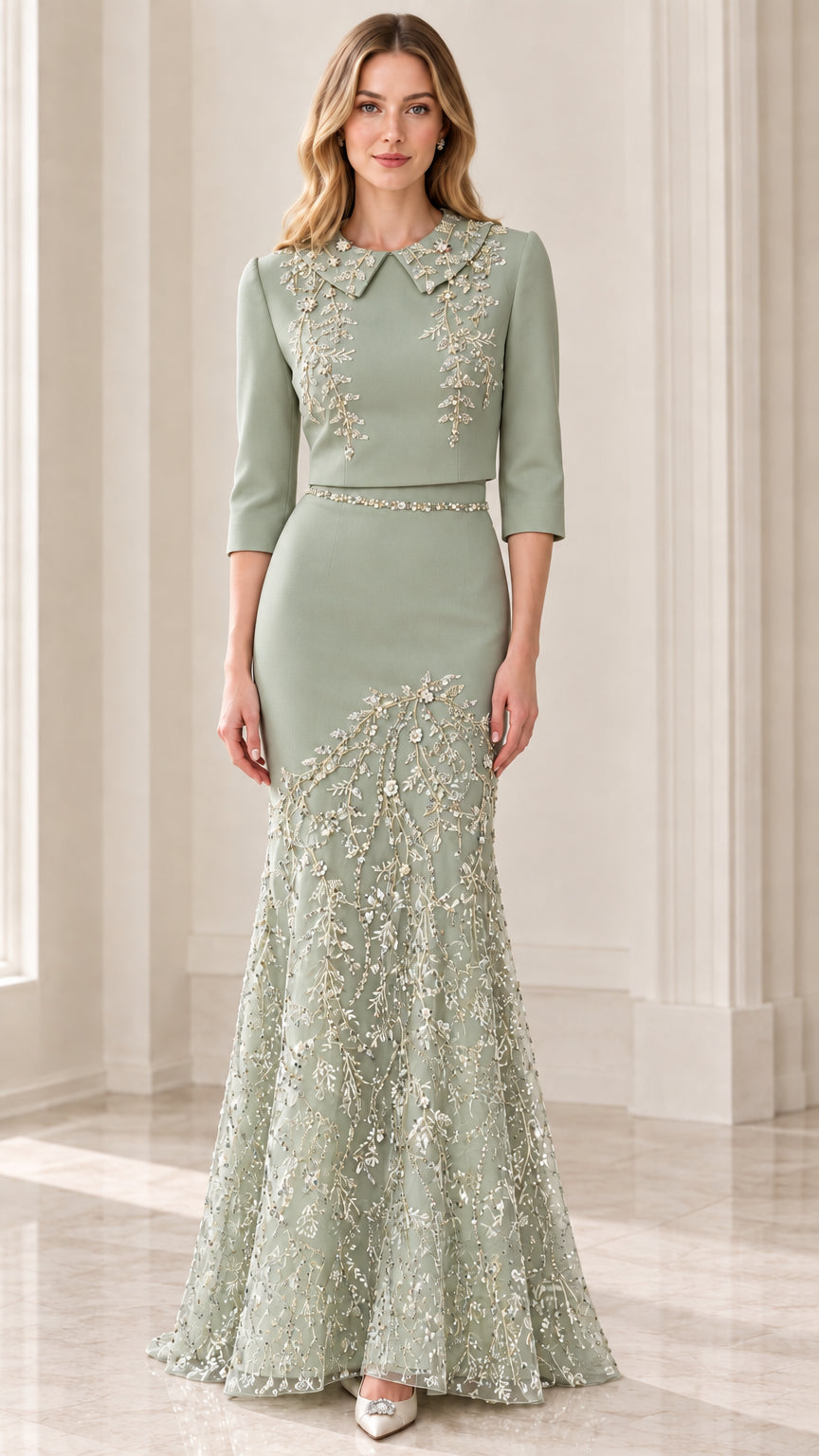 Front view of model wearing Sage Green beaded collar evening gown