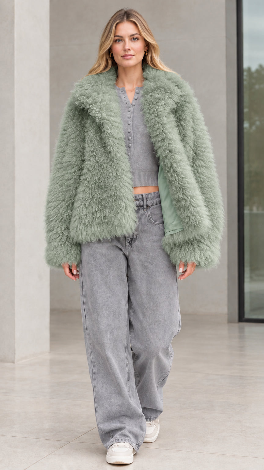 Front view of model wearing sage green shaggy plush jacket