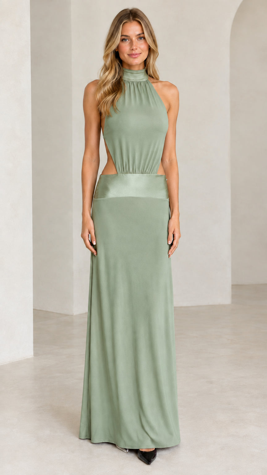 Sage green high neck halter cutout evening dress front view