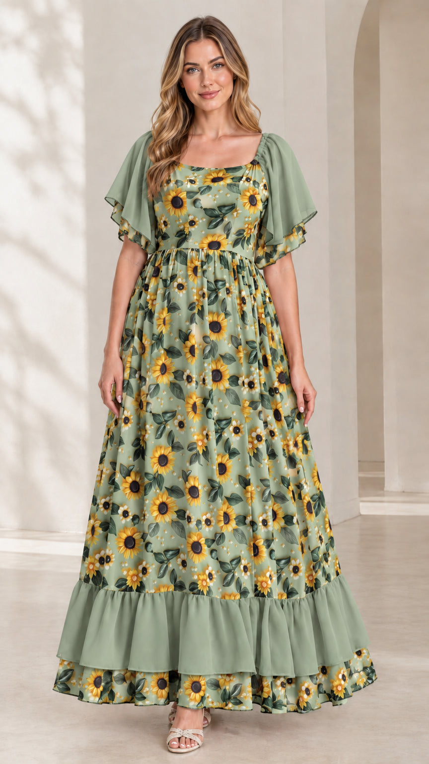Full front view of sage green sunflower print square neck tiered maxi dress