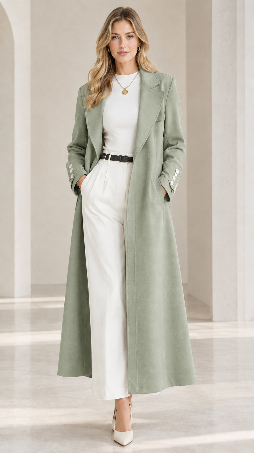 Full-length front view of model wearing the tailored maxi trench coat in sage green