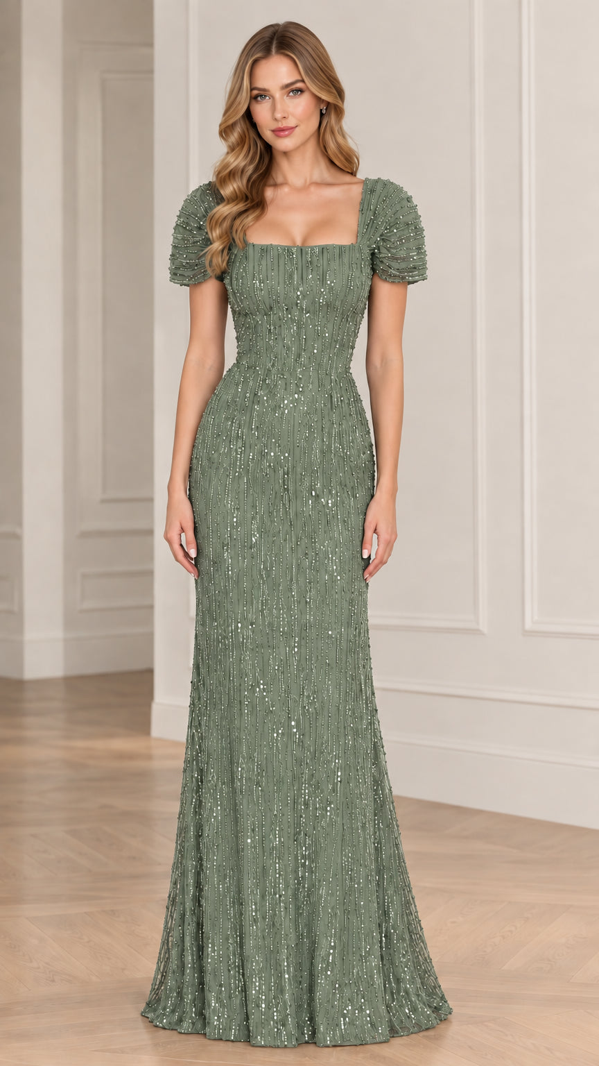 Full front view of sage green sequin square neck evening maxi dress