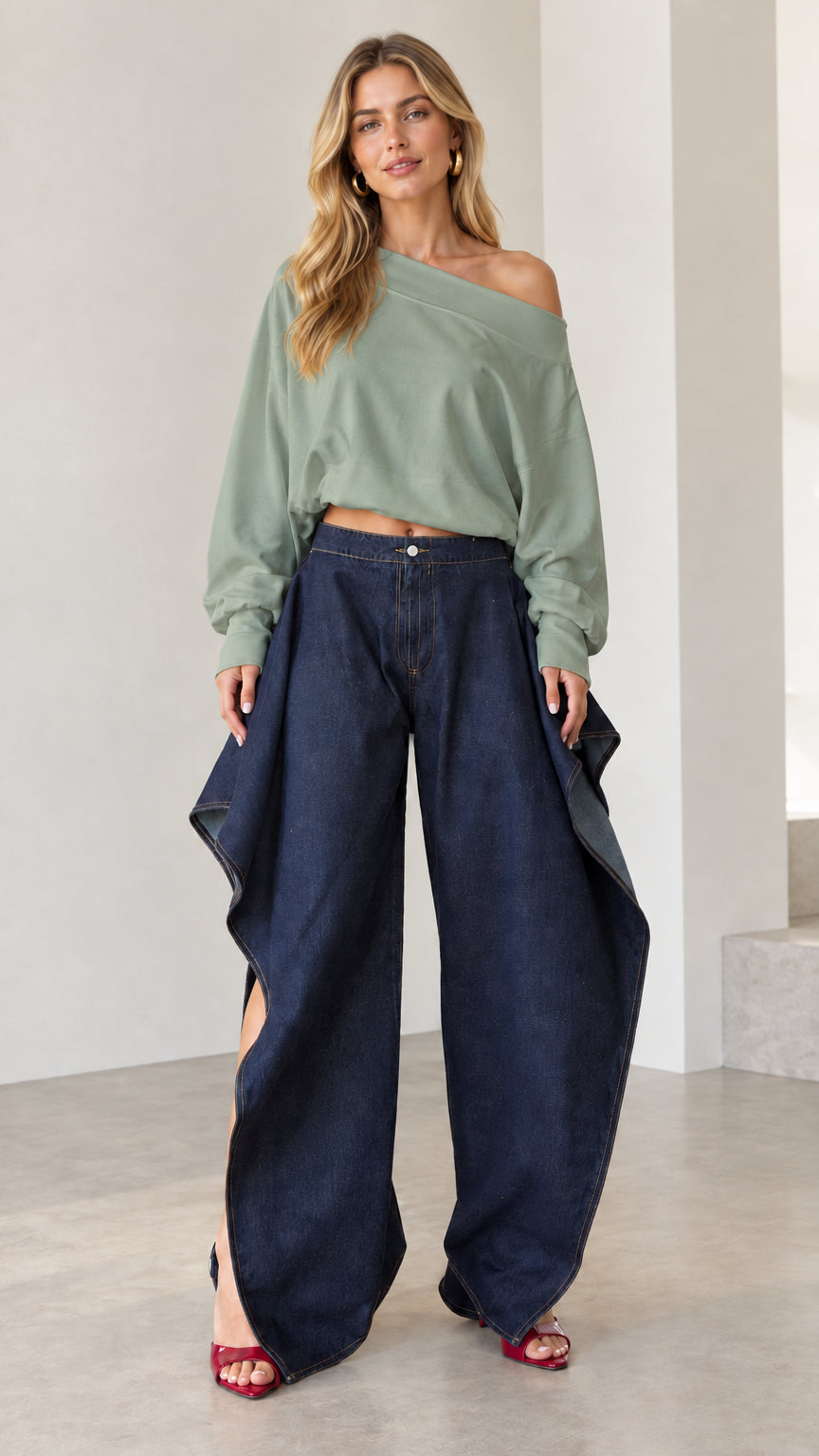 Full front view of dark blue wide-leg draped jeans styled with a sage green off-shoulder sweatshirt