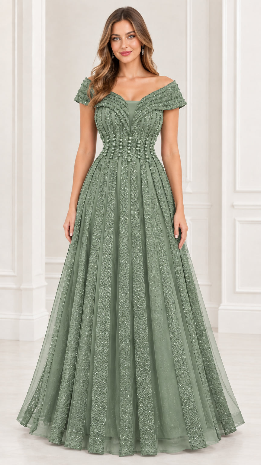 Sage green off-the-shoulder beaded glitter tulle evening dress