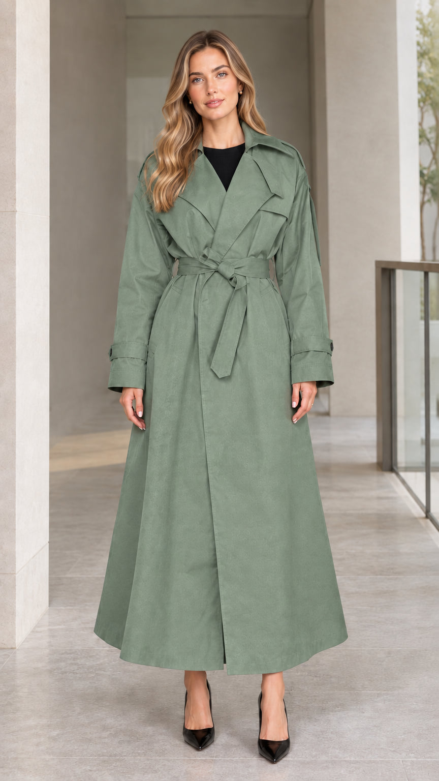 Front view of model wearing Sage Green full-length belted maxi trench coat