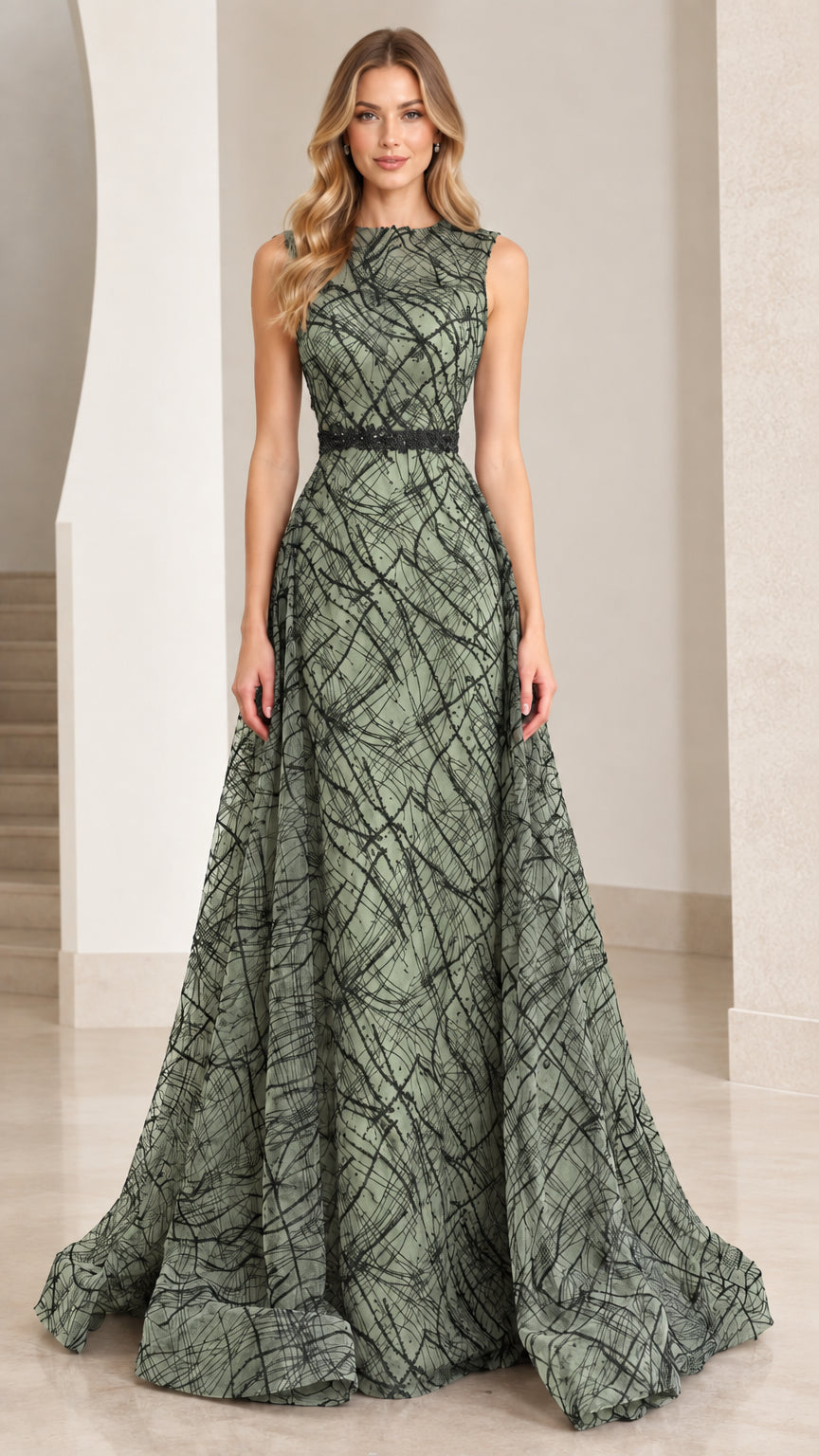 Front view of sage green sleeveless A-line formal gown with beaded waist