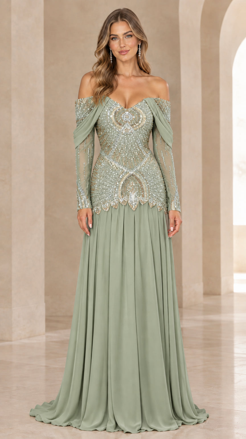 Front view of sage green off-the-shoulder beaded maxi gown
