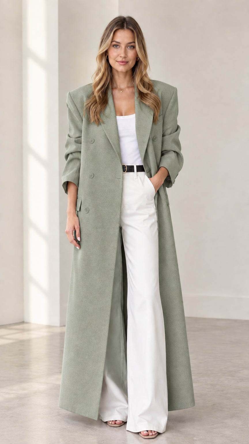 Full front view of sage green floor-length tailored duster coat