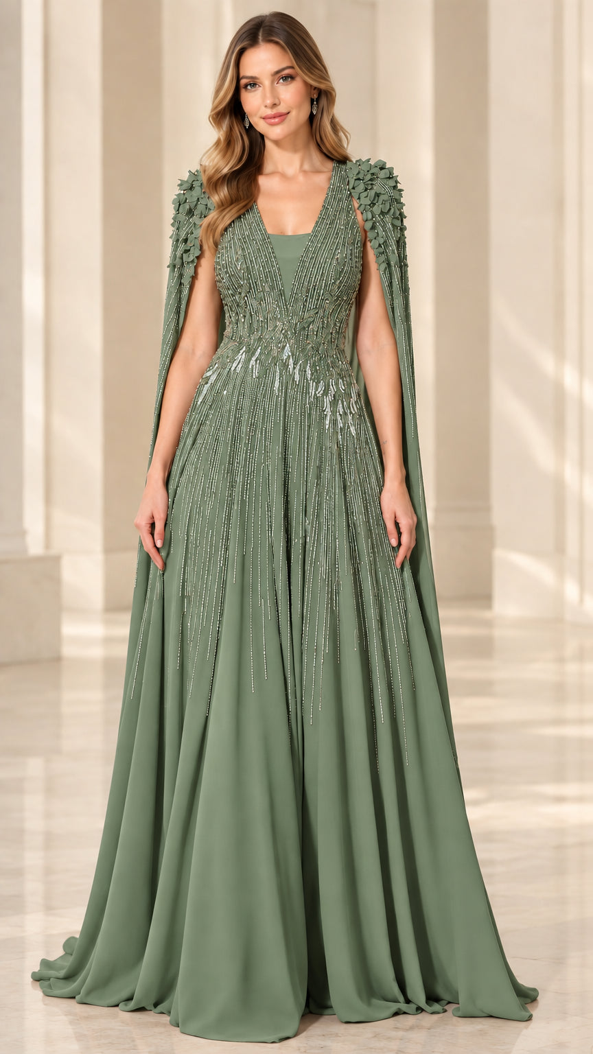 Sage green beaded formal gown with sweeping cape sleeves